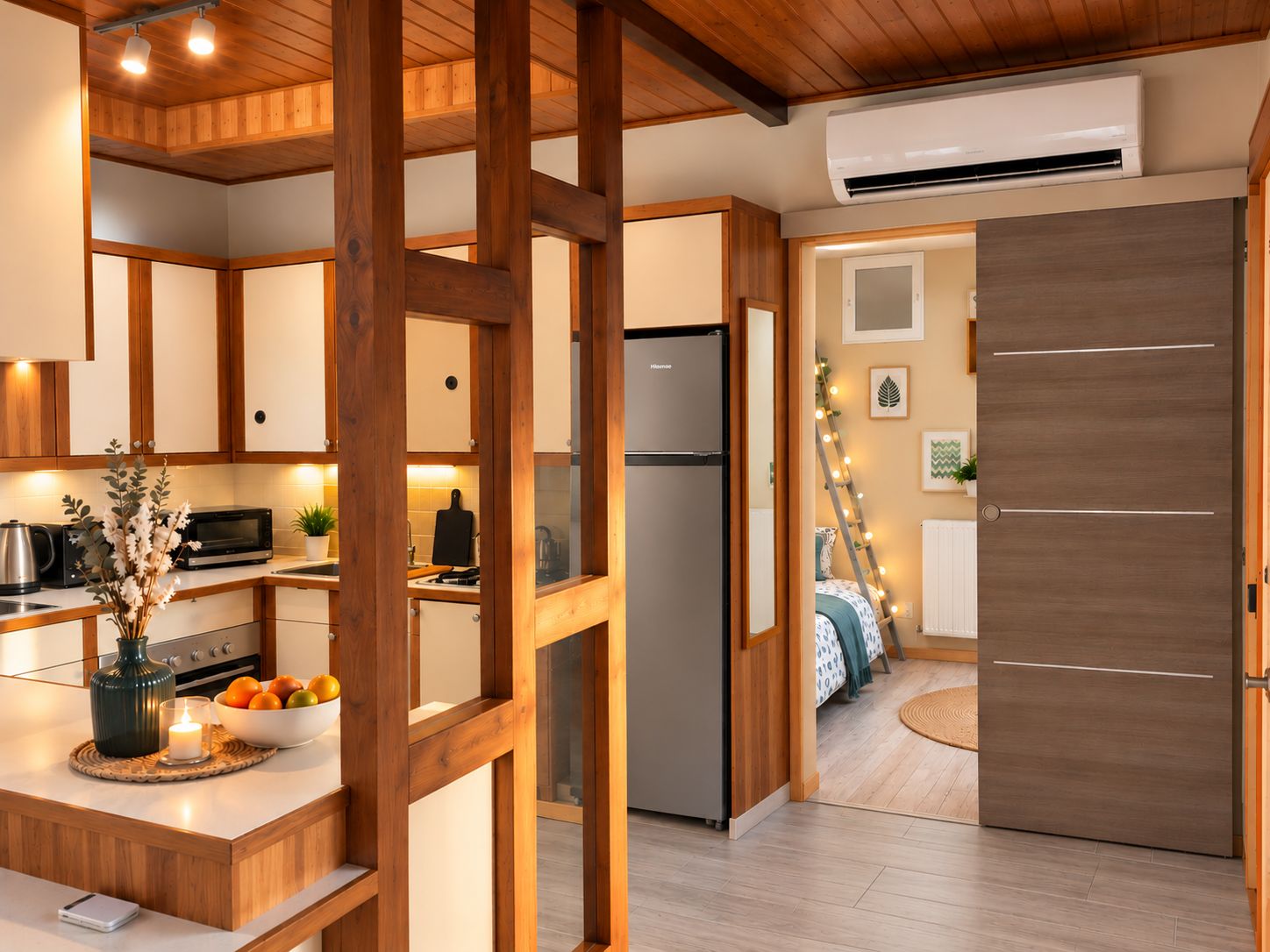 A modern kitchen with wooden beams, a built-in oven, and a refrigerator.