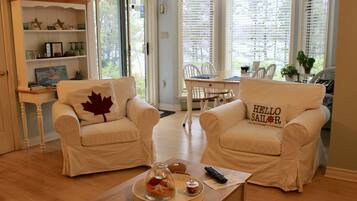 Smart TV, fireplace, DVD player, books