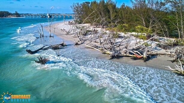 A beach with clear turquoise water, a sandy shore, and a pier in the background.