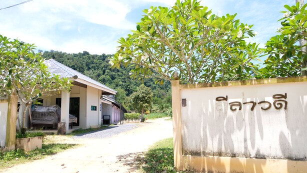 Camí rural que condueix a un edifici amb teulada de làmines metàl·liques, envoltat de vegetació i un coster.