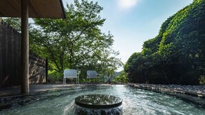 A tranquil outdoor pool area with a circular water feature, surrounded by lush greenery and seating under a shaded structure. - Mifuneyama Rakuen Hotel (Takeo)