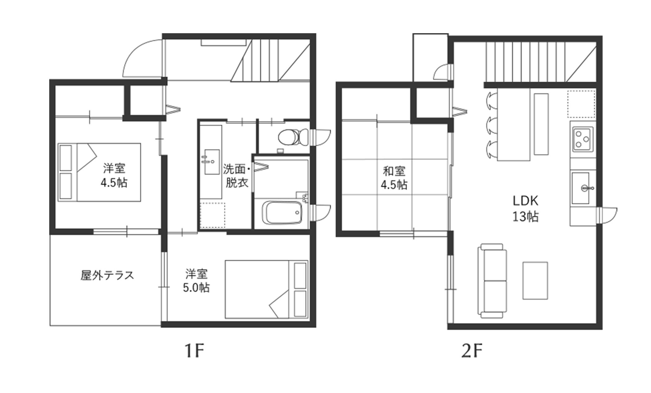 Two floor plans of a hotel with 1F and 2F layouts. Each floor has a ensuite bathroom, a ensuite toilet, and a ensuite shower. The 1F has a balcony, while the 2F includes a LDK (Living, Dining, Kitchen) area.