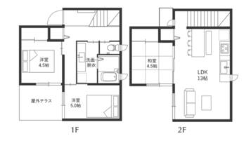 Two floor plans of a hotel with 1F and 2F layouts. Each floor has a ensuite bathroom, a ensuite toilet, and a ensuite shower. The 1F has a balcony, while the 2F includes a LDK (Living, Dining, Kitchen) area.