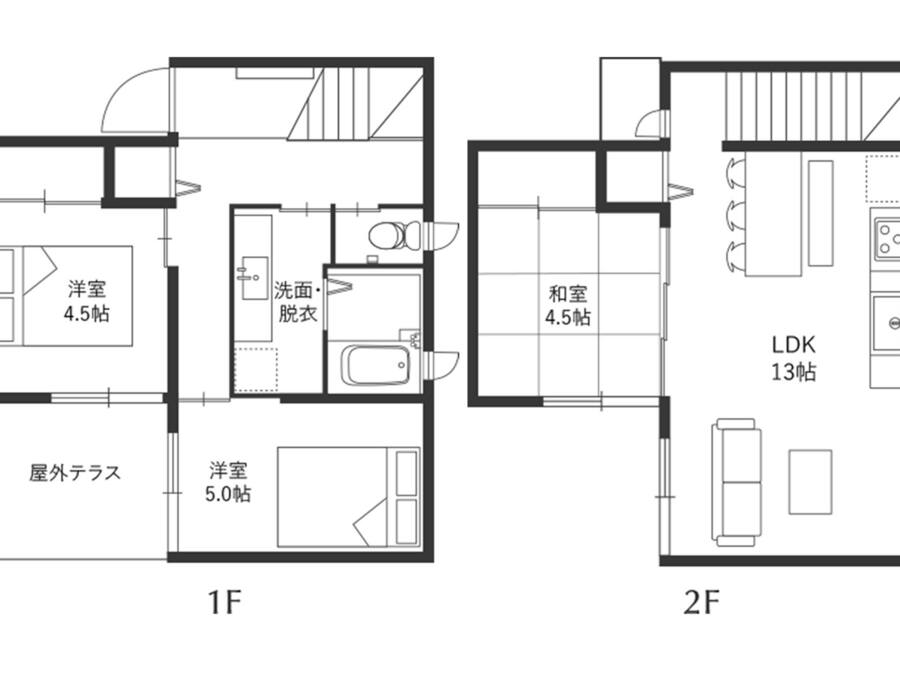 Two floor plans of a hotel with 1F and 2F layouts. Each floor has a ensuite bathroom, a ensuite toilet, and a ensuite shower. The 1F has a balcony, while the 2F includes a LDK (Living, Dining, Kitchen) area.