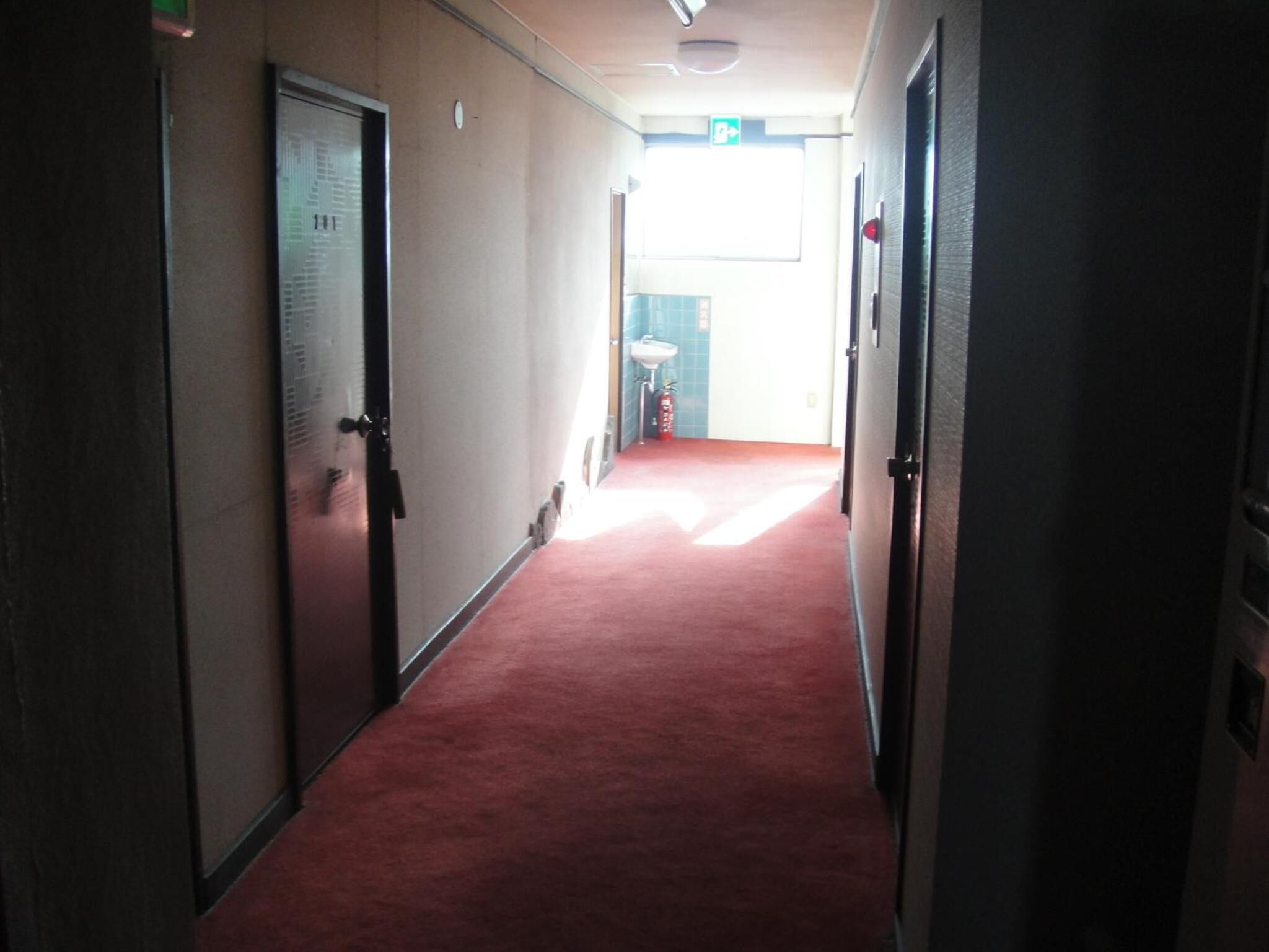 A corridor with carpeted floors, doors on both sides, and a visible exit sign.