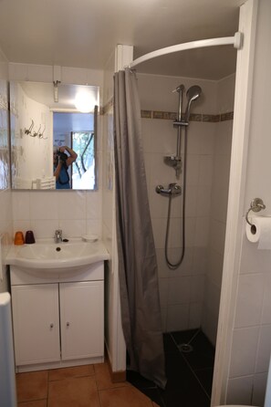 Studio | Bathroom | Shower, hair dryer, towels