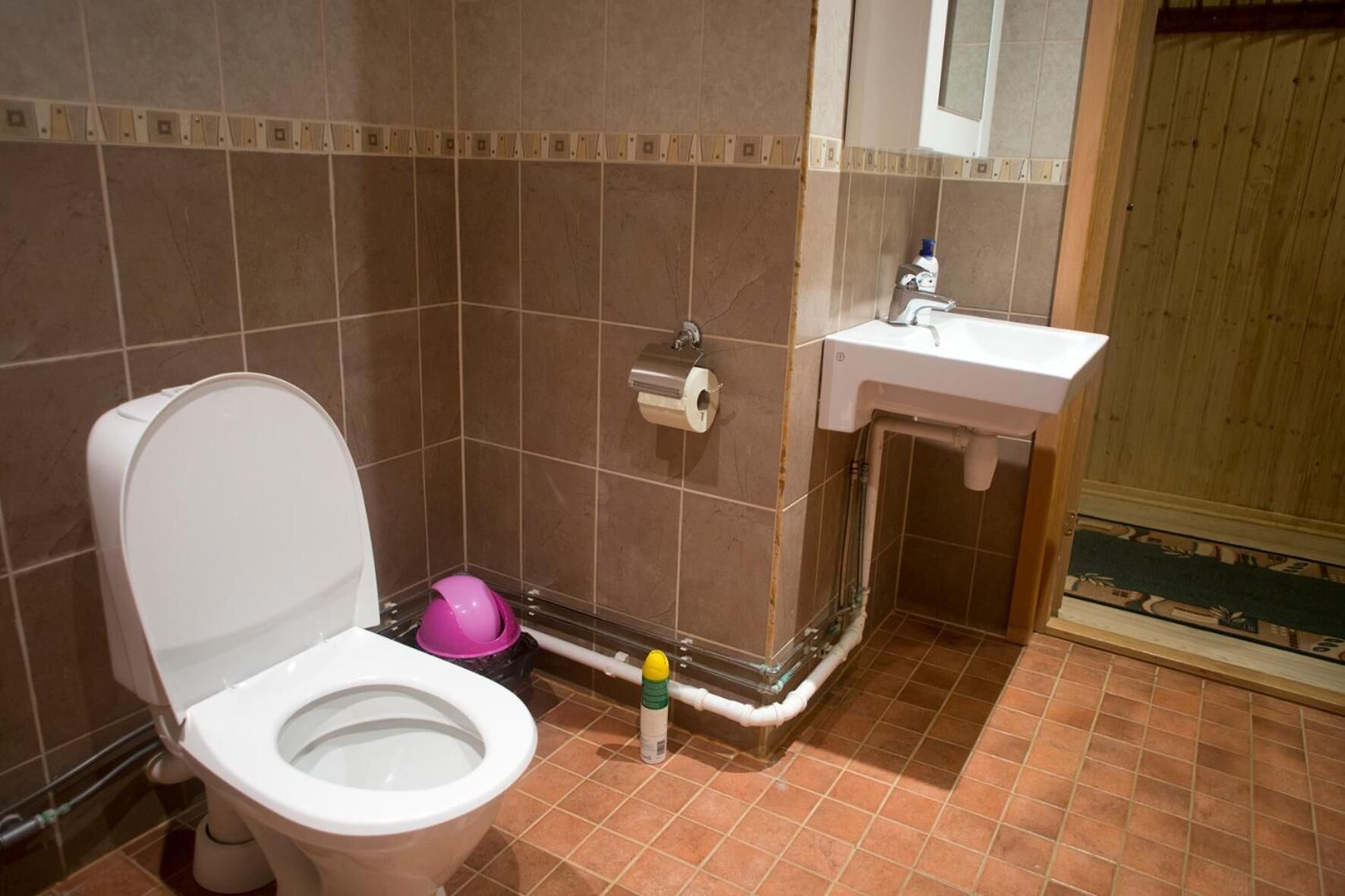 Un baño con inodoro, lavabo y zona de ducha.