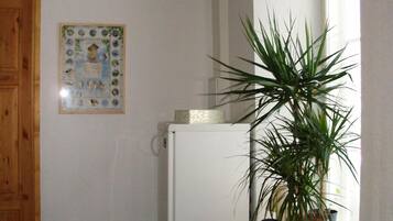 Una habitación con puerta de madera, refrigerador blanco, sillón de cuero negro, planta en maceta y lámpara de pared.