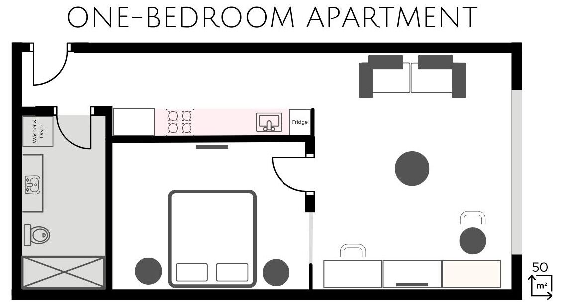 Distribución de un apartamento de una habitación, que incluye cocina, comedor, sala de estar, baño y un pequeño balcón.