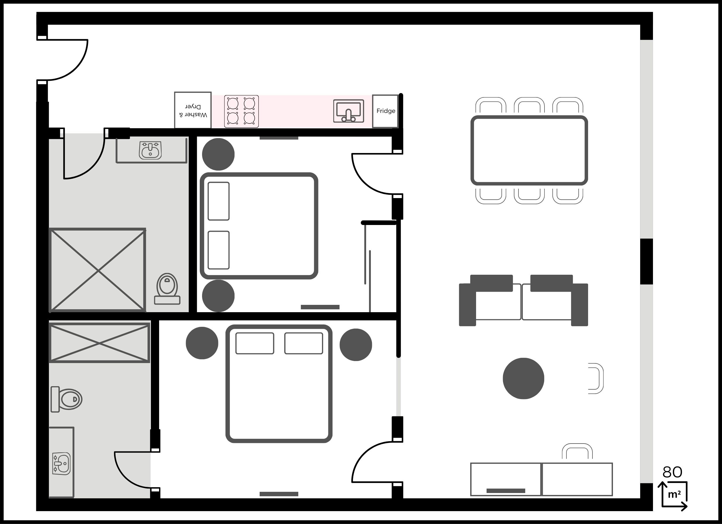 A floor plan of a hotel room with a bed, a desk, a chair, a wardrobe, a bathroom, and a dining area.