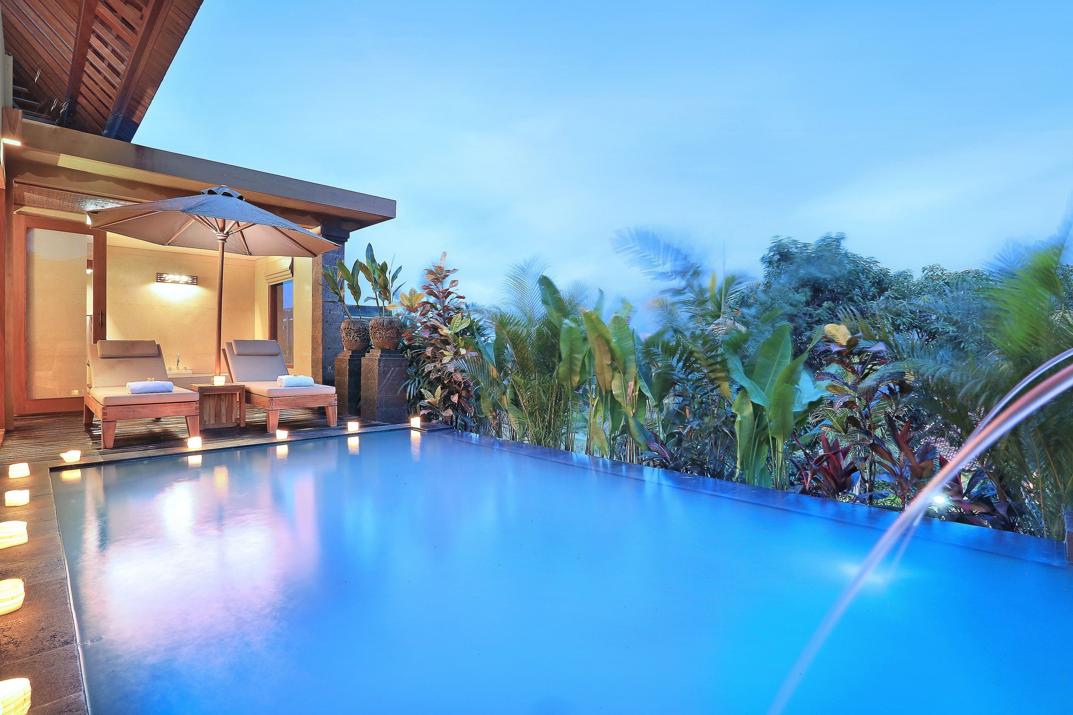 A swimming pool with lounge chairs and an umbrella, surrounded by tropical plants.