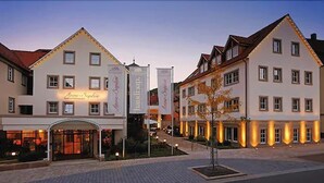 Een hotel in traditionele Europese stijl, met een centrale ingang met een luifel en meerdere vlaggen.