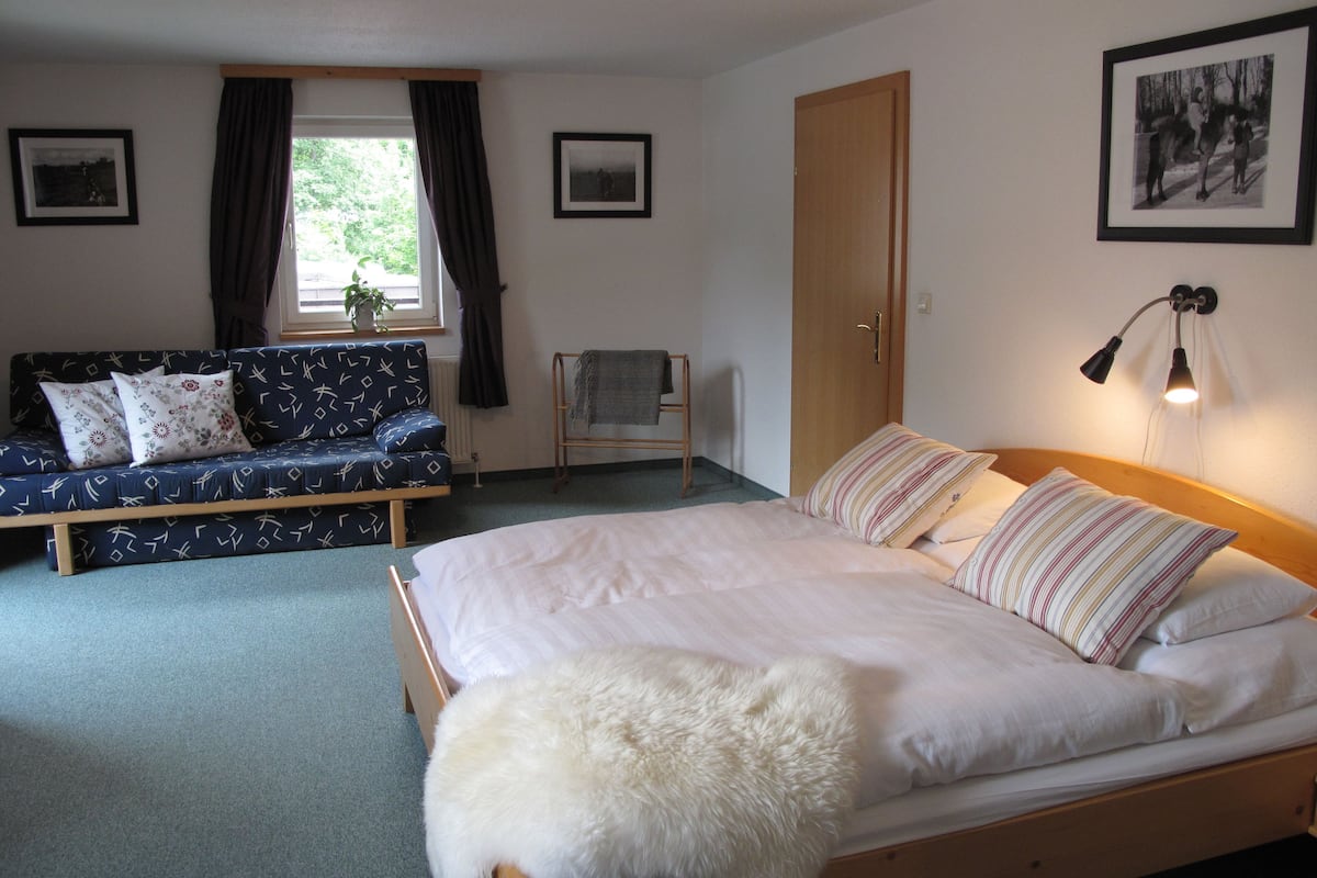 A bedroom with a bed, a sofa, a chair, and a window with curtains.