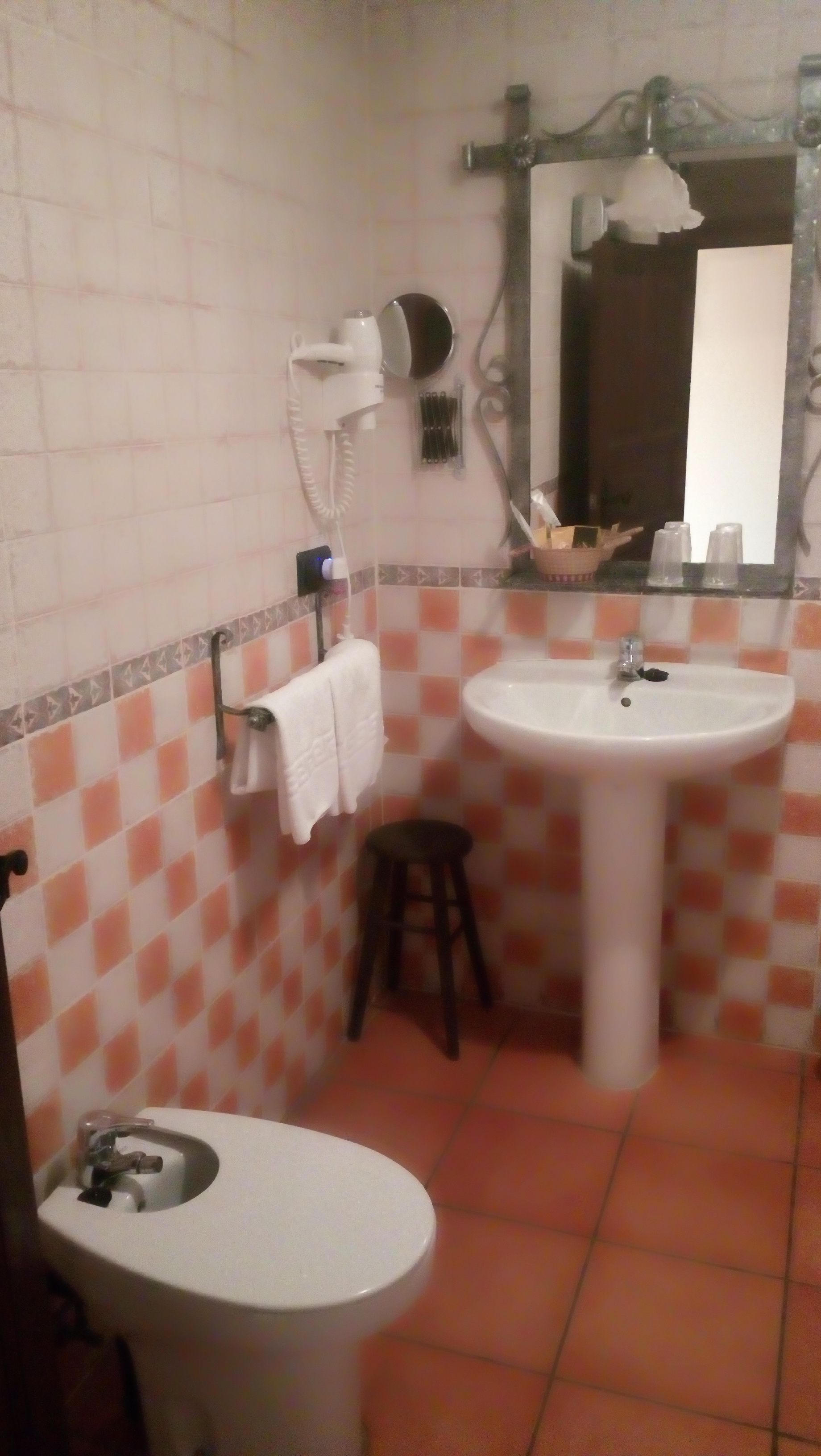 A bathroom with a white sink, a mirror, a hairdryer, and a toilet.