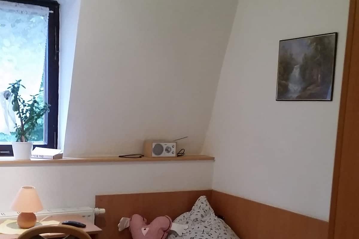 Ein kleines, gemütliches Zimmer mit einem Einzelbett, einem Schreibtisch mit Lampe, einem Sessel und einem Fenster mit Pflanze.