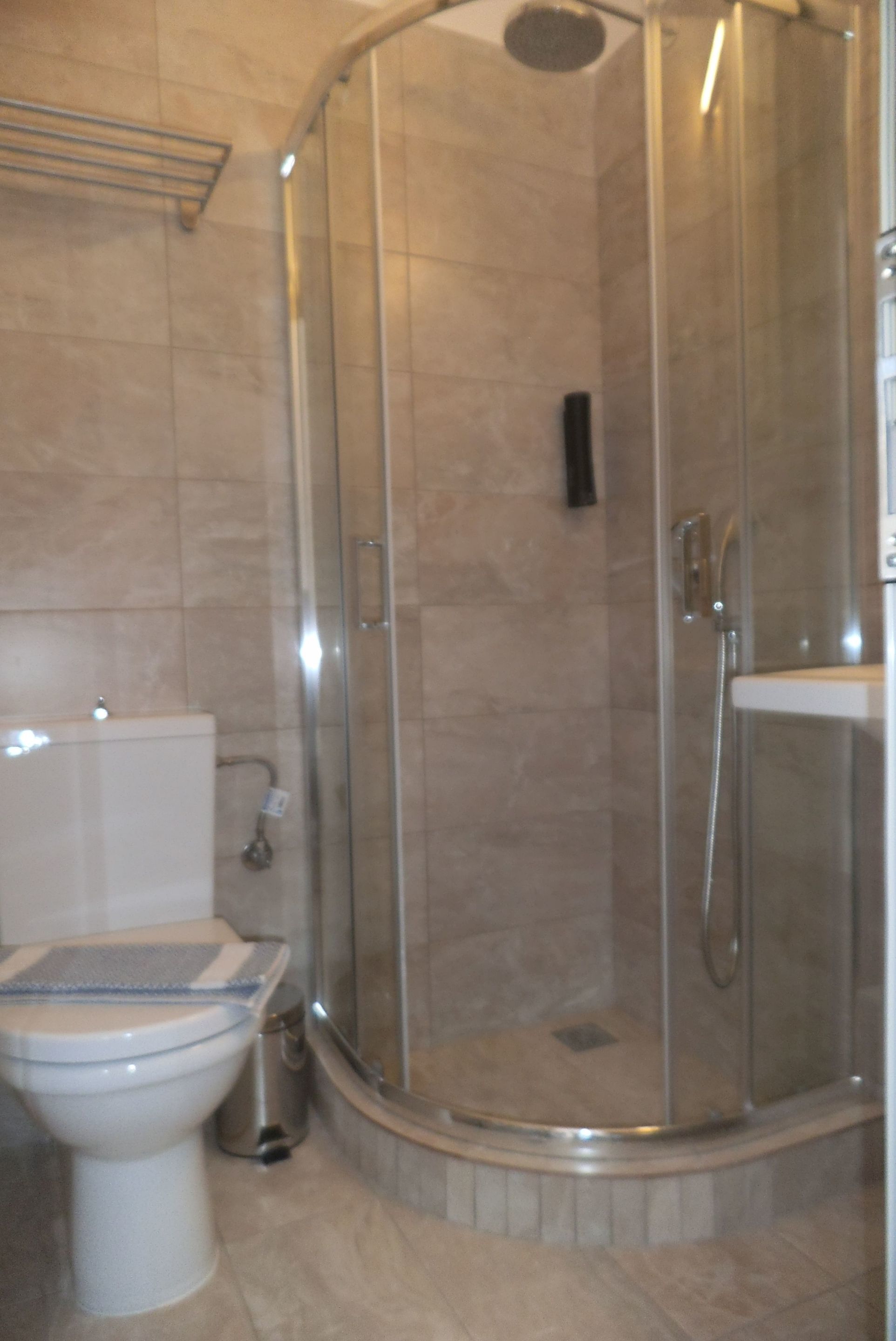 A modern bathroom with a glass-enclosed shower, a toilet, and a trash can.