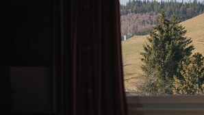 Habitación con ventana que da a un campo cubierto de hierba y un árbol. Hay una pequeña mesa con un florero y un recipiente metálico.