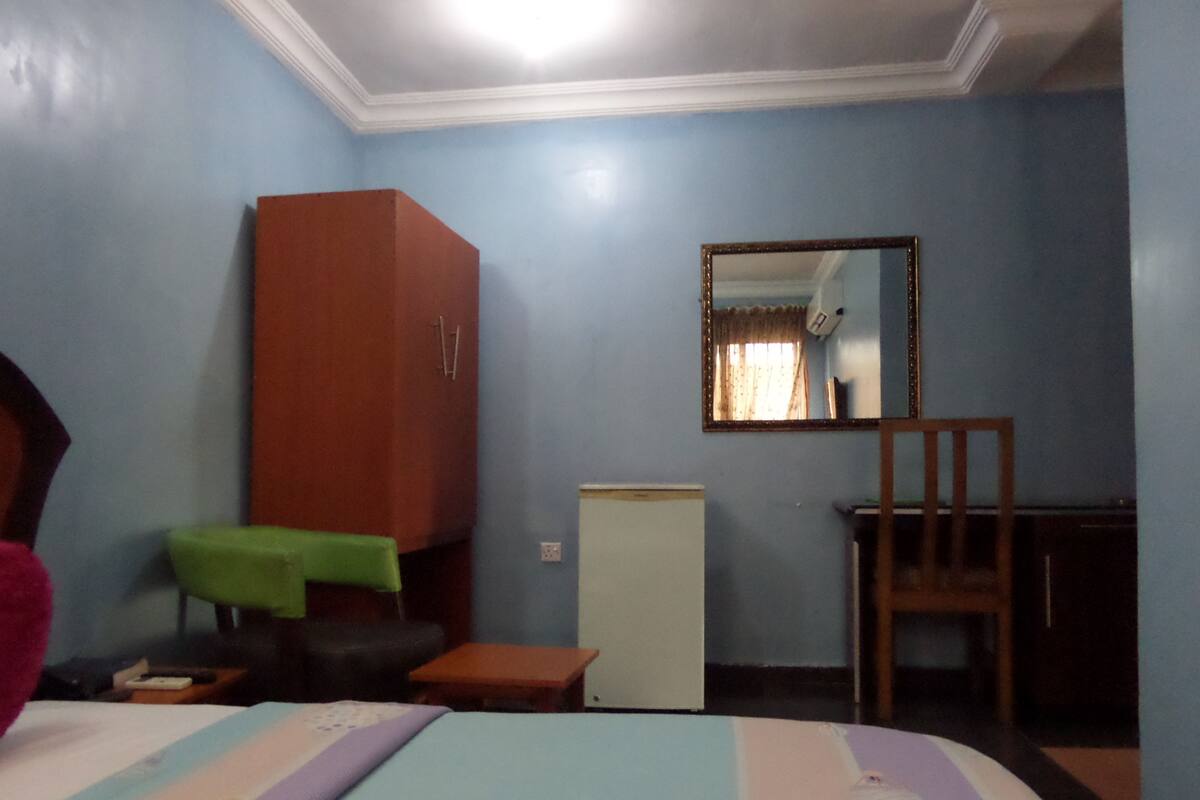 A room with a bed, a desk, a chair, a wardrobe, and a mirror.