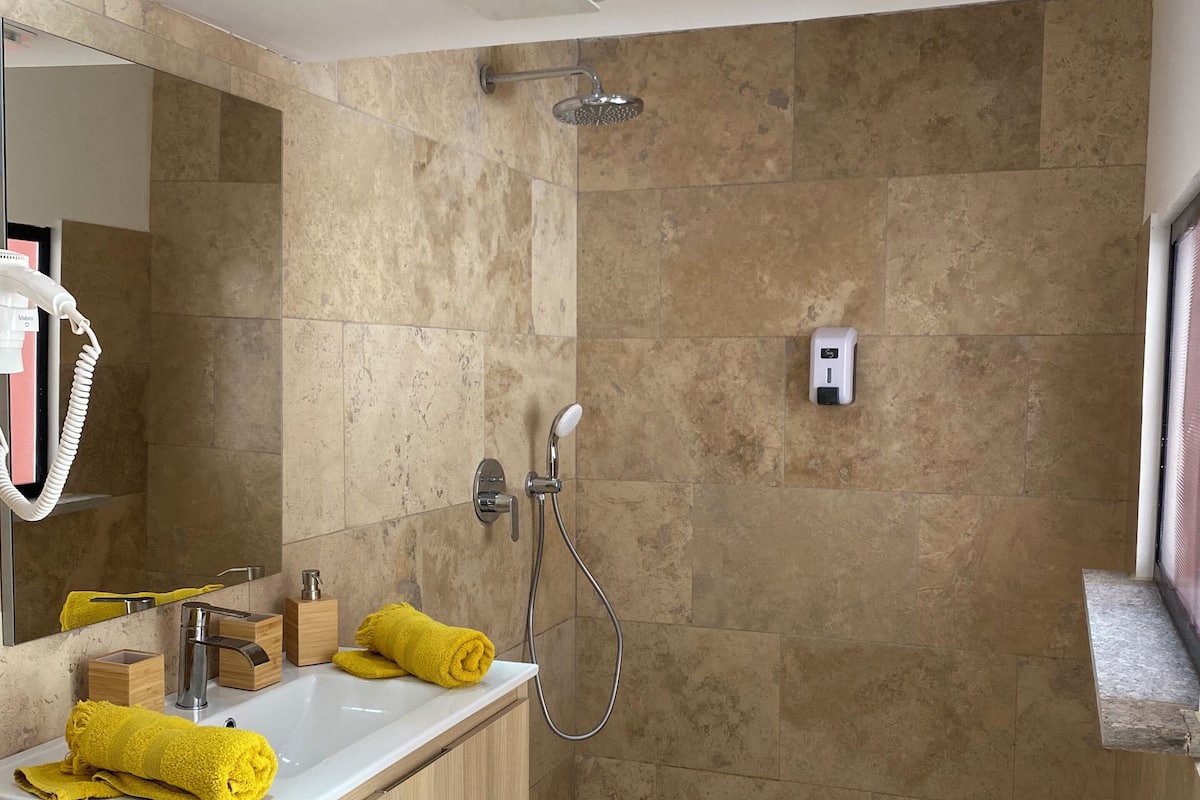 A modern bathroom with a sink, mirror, and shower.