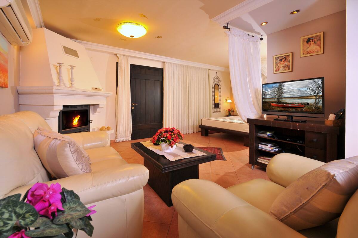 Suite | Living area | 40-inch LCD TV with satellite channels, TV, fireplace