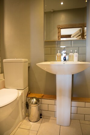 A bathroom with a toilet, sink, and mirror. - Tilbury Cottage (Taunton)