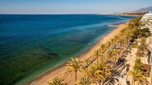 Un hôtel en bord de mer offrant une vue sur la plage, des palmiers et une mer d’un bleu limpide.
