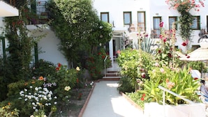 Un patio con un sendero que conduce a la entrada de un edificio, rodeado de exuberante follaje y plantas en flor.