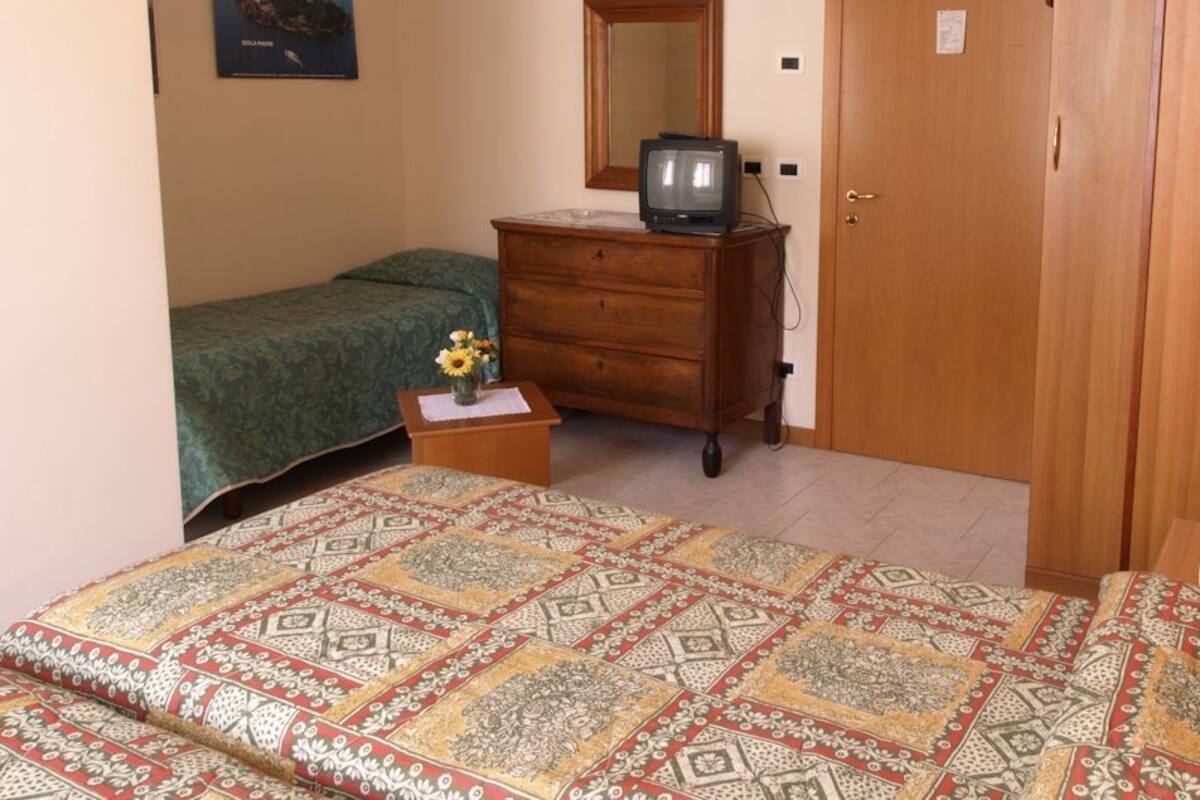 Une chambre à coucher avec un lit, une commode, une télévision et une porte.