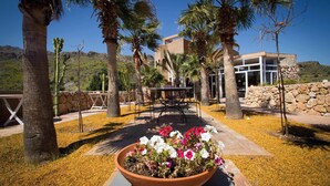 Un patio con un gran macetero lleno de flores, palmeras y un edificio de paredes de piedra y ventanas de cristal.