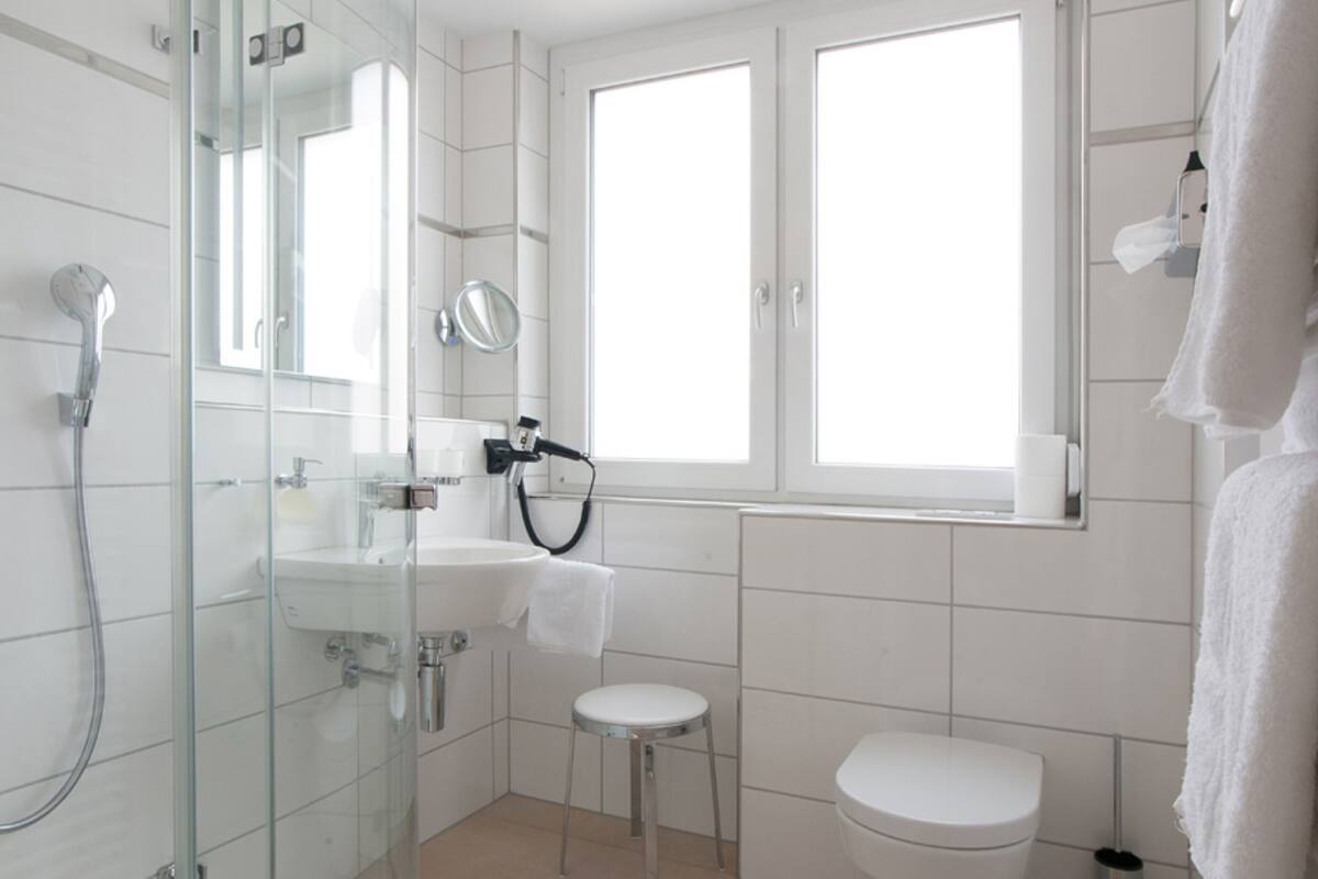 shower, free toiletries, hair dryer, towels