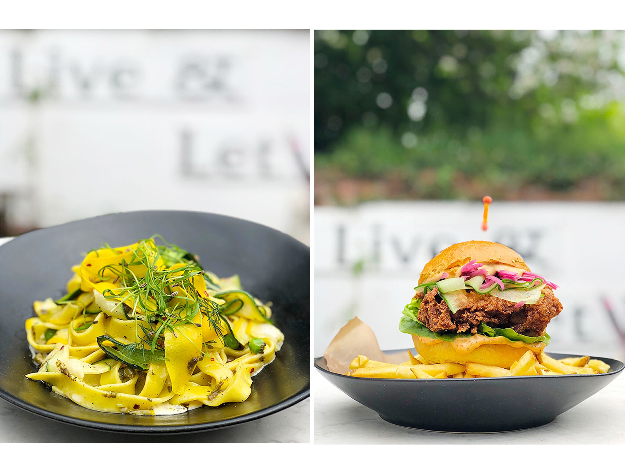 Een portie pasta met kruiden als garnering en een hamburger met een satéprikker in het midden.