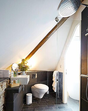 A modern bathroom with a sloped ceiling, a shower, a toilet, and a sink area with toiletries.