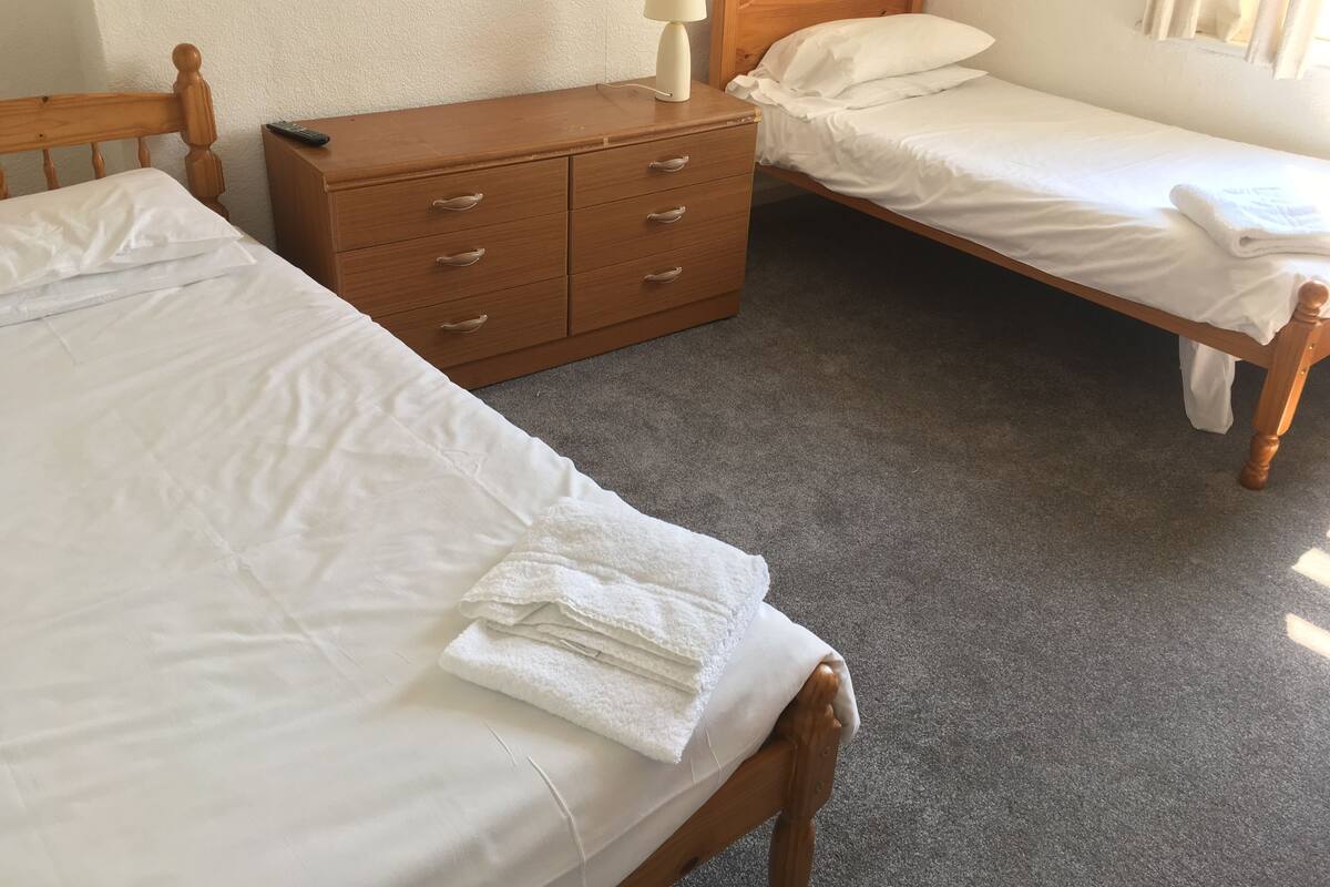 A bedroom with two wooden beds, a nightstand, and a lamp.