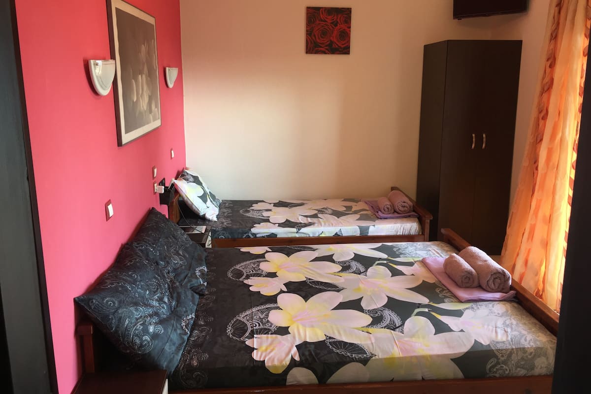 A room with two single beds, a wardrobe, a television, and a framed picture on the wall.