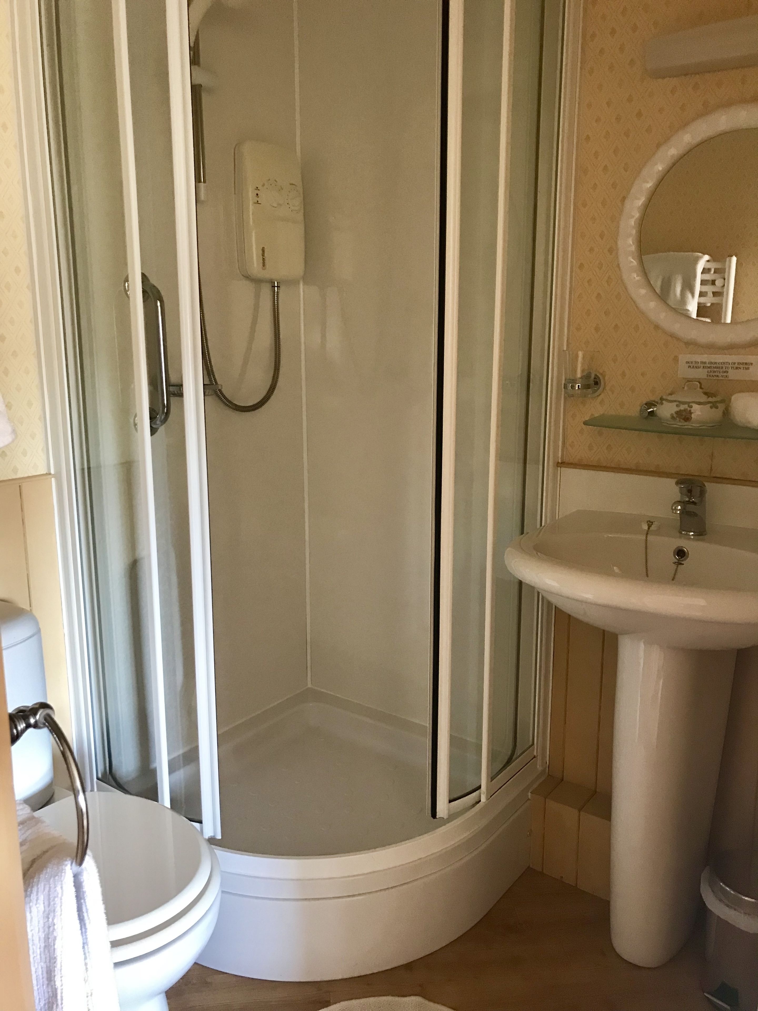 A bathroom with a glass-enclosed shower, a toilet, a sink, and a mirror.