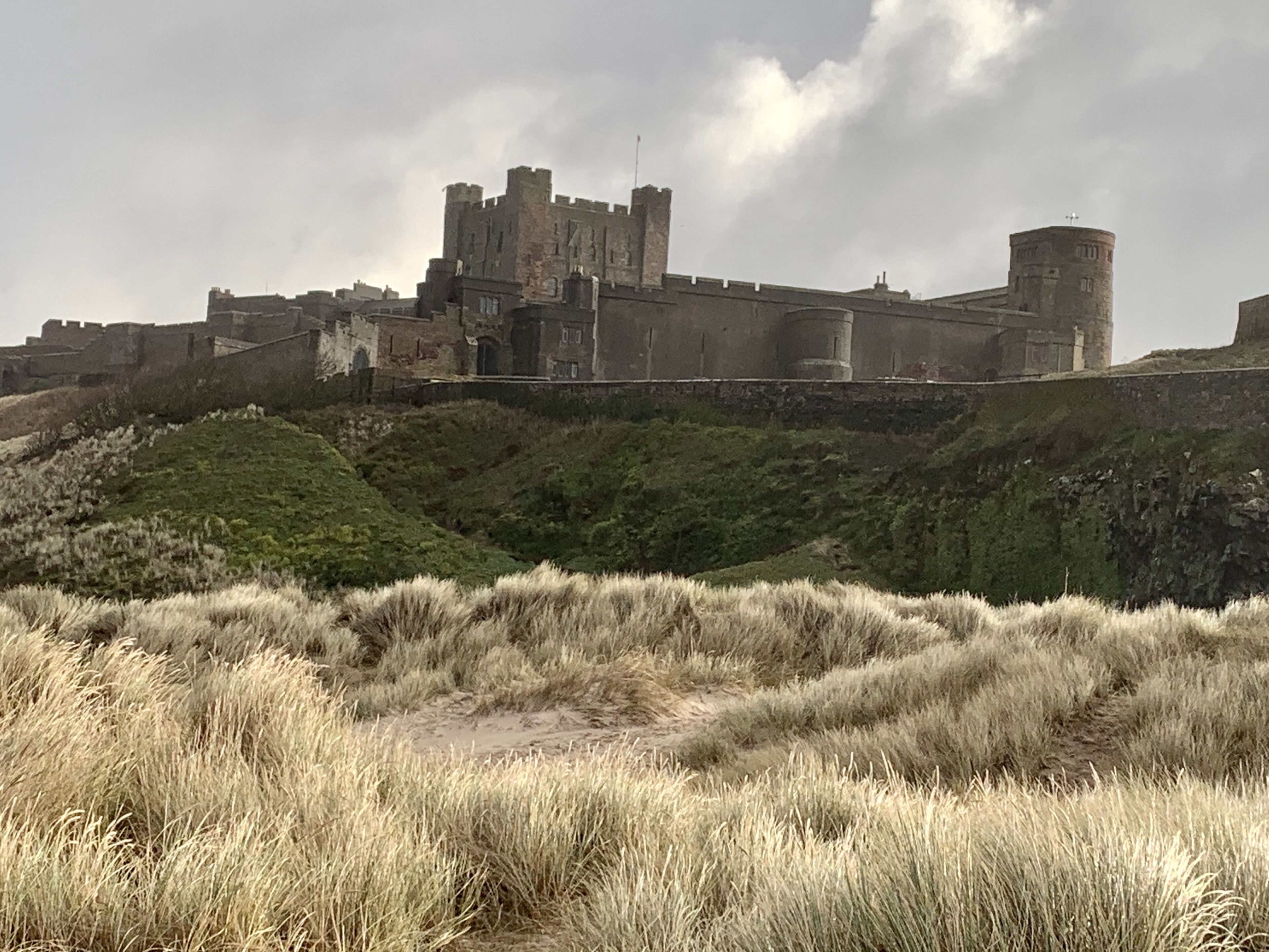 A historic castle with multiple towers and walls, situated on a grassy hill.