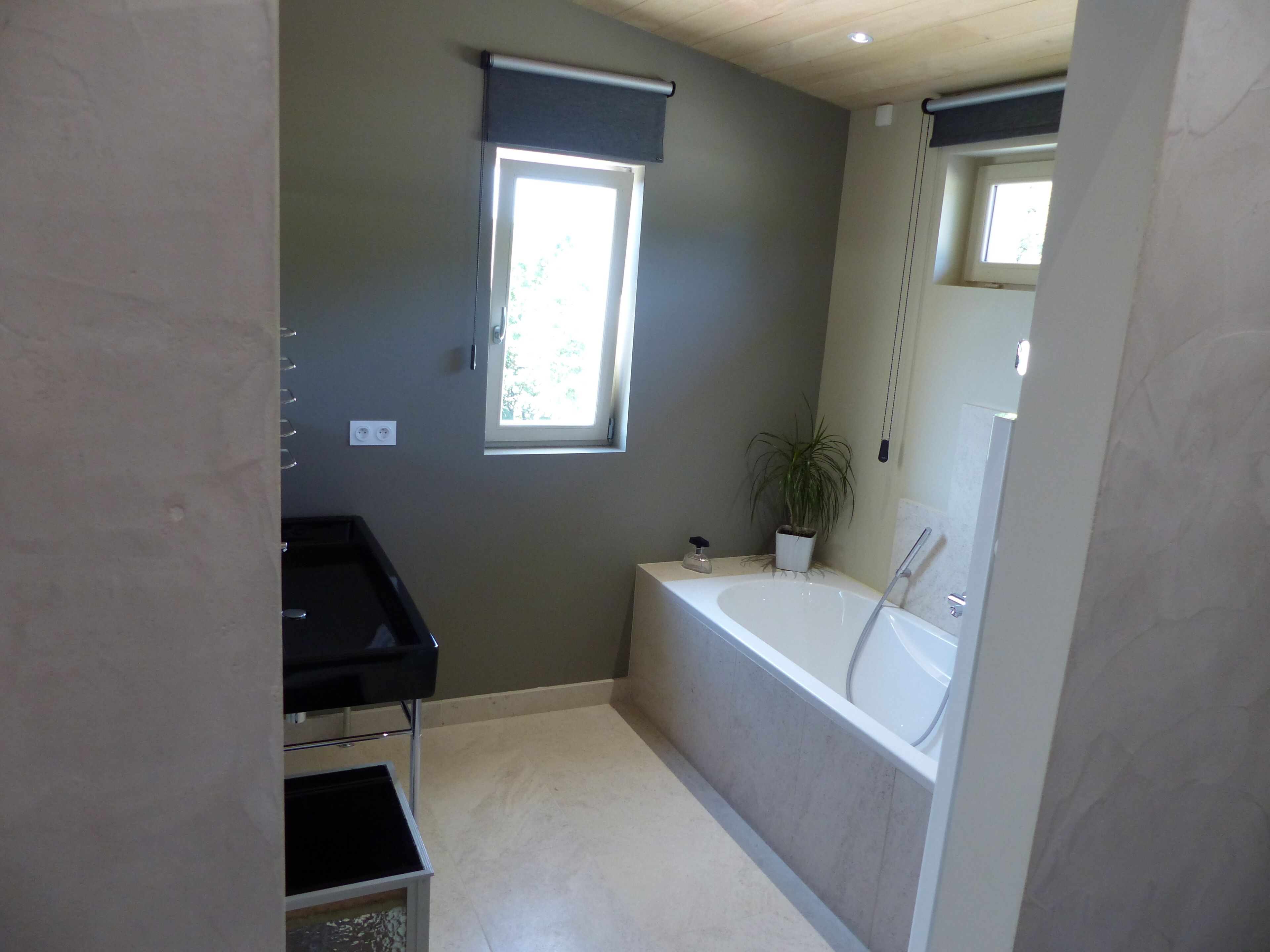 Une salle de bain avec une baignoire, une fenêtre, un lavabo et une plante en pot.