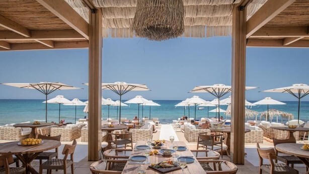 Un restaurant situé en bord de mer, avec une terrasse, des tables et des parasols, offrant une vue sur l’océan.