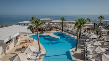 Seasonal outdoor pool, open 8:00 AM to 8:00 PM, pool umbrellas