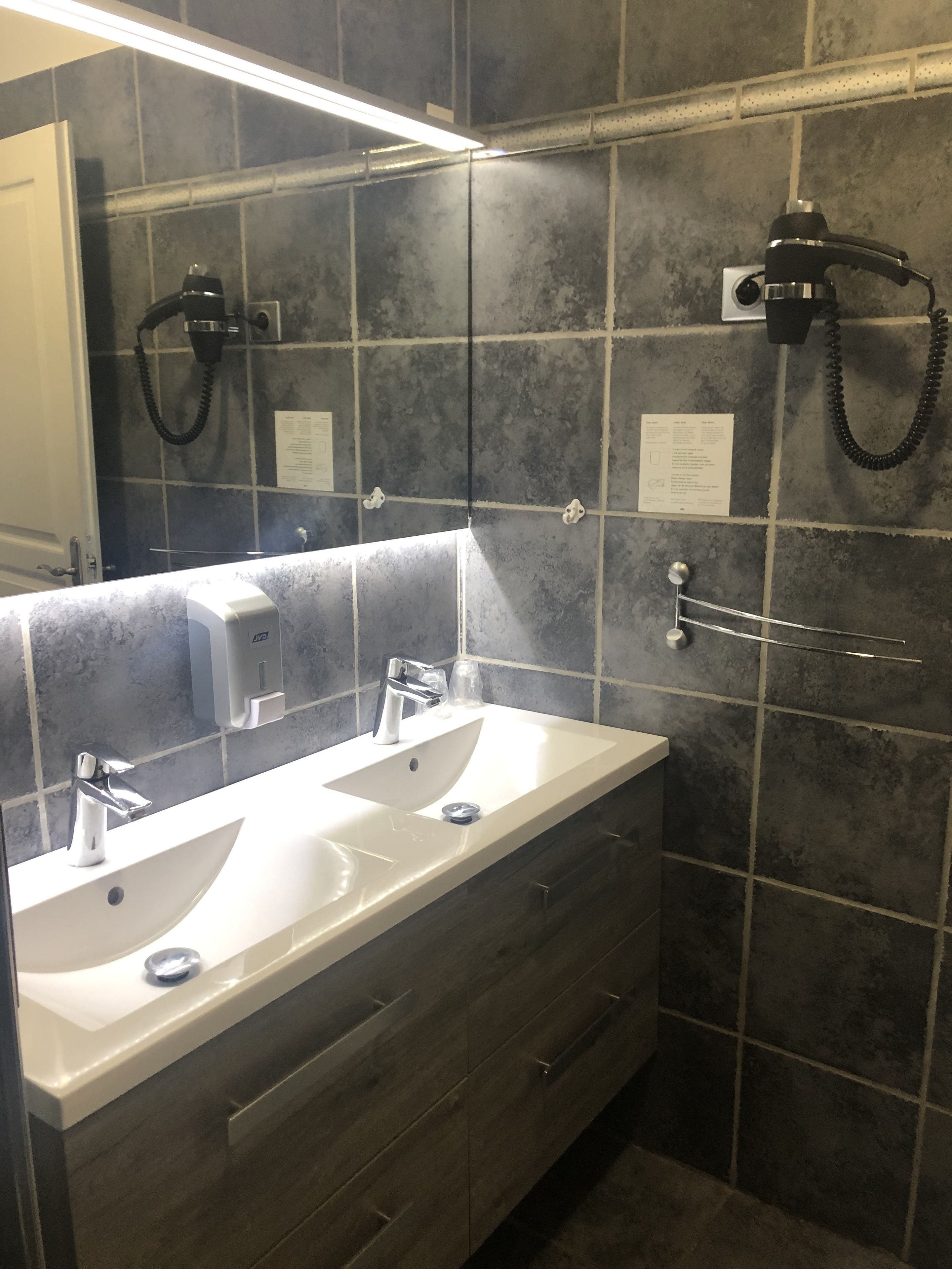 family room | bathroom | shower, free toiletries, hair dryer, towels