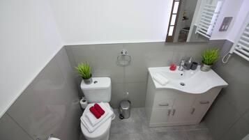 A modern bathroom with a toilet, bidet, sink, and two potted plants.