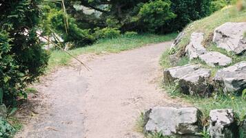A gravel path leading through a wooded area with large rocks on the right side.