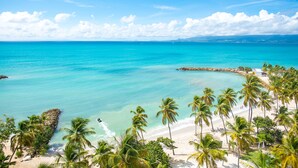 Una playa con agua turquesa cristalina, palmeras y un rompeolas rocoso.