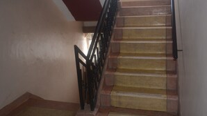 A staircase with a handrail, carpeted steps, and a red accent wall.