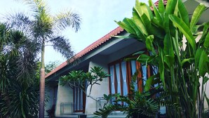 A house with a tiled roof, large windows, and lush greenery including palm trees and banana plants.