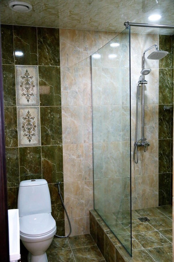 A bathroom with a glass-enclosed shower, a toilet, and decorative tiles.