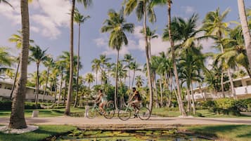 Un resort con palmeras, un estanque cubierto de lirios y un edificio de techo plano.