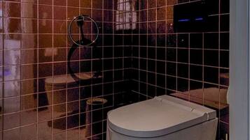 Une salle de bain moderne avec une baignoire sur pieds, un espace douche et des toilettes.