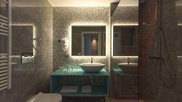 Shower, rainfall showerhead, free toiletries, hair dryer