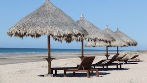 A beach with thatched umbrellas and wooden lounge chairs. - Encanto Living 1101 -2BR by Kivoya (Puerto Peñasco)
